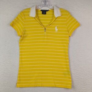 Ralph Lauren Sport Polo Shirt Women's Medium 1/4 Zip Yellow Striped Big Pony